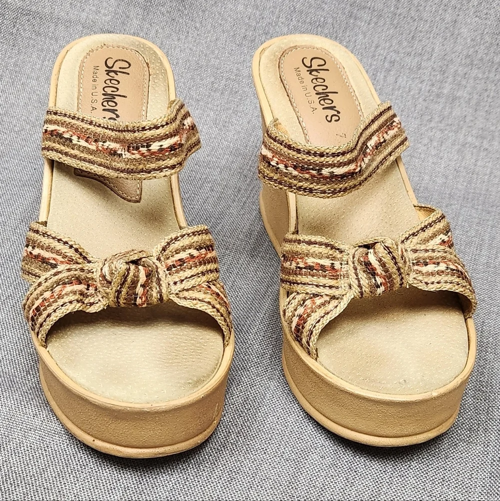 Vintage Skechers High 4 Inch Wedged Slip On Sandals Tan & Brown USA Made. 7 - Picture 2 of 9